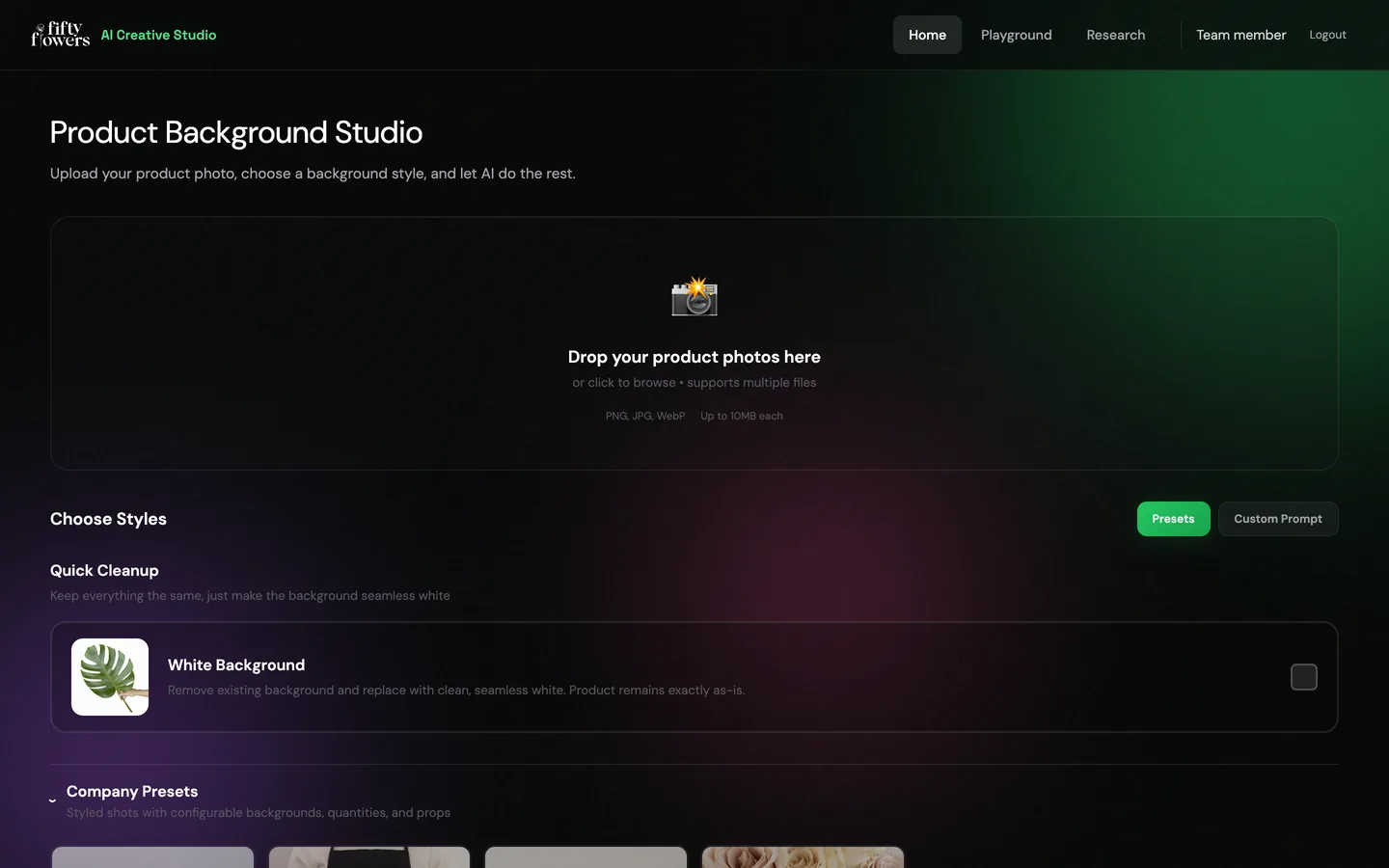 A dark page titled Product Background Studio with a drop area and style choices