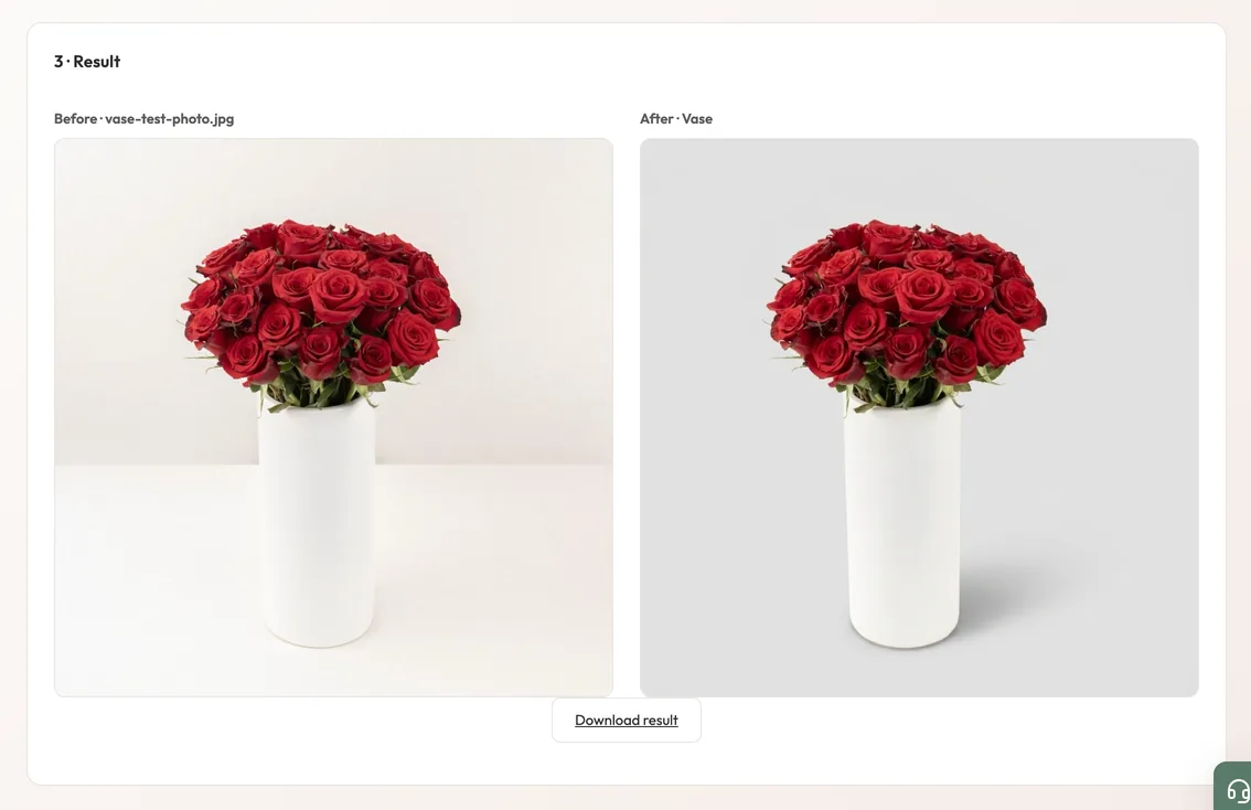 An Image Studio result: the original photo of red roses in a vase beside the same roses on a flat grey background