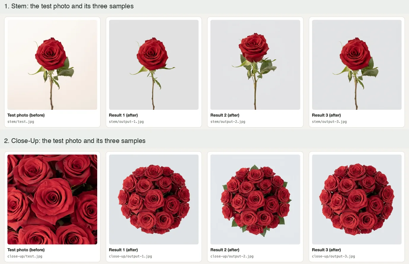 Two rows of four pictures: a single rose and its three results, a close-up of roses and its three results