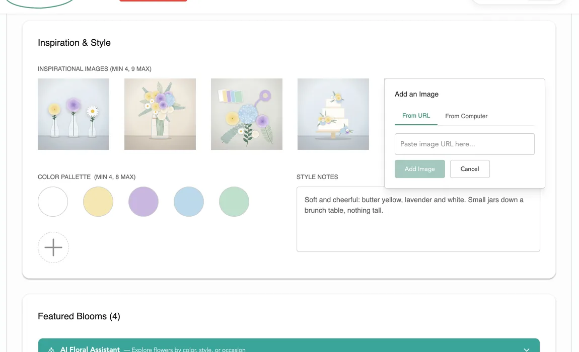 A small box for adding an image by link, open over the inspiration pictures