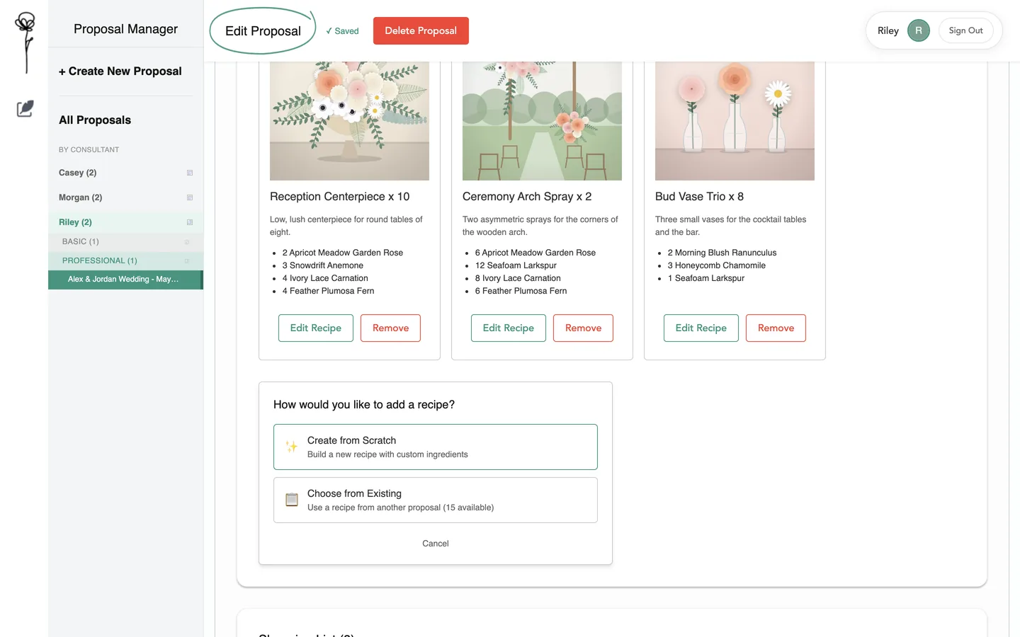 A panel offering to create a recipe from scratch or choose an existing one