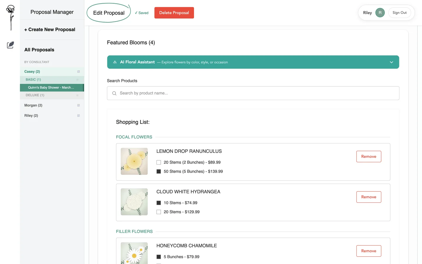 Featured flowers of a Basic proposal with pack choices under each