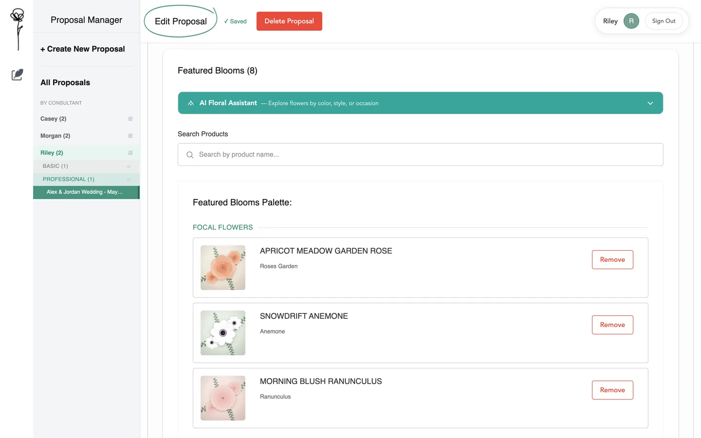 Featured blooms listed by group with a search box above