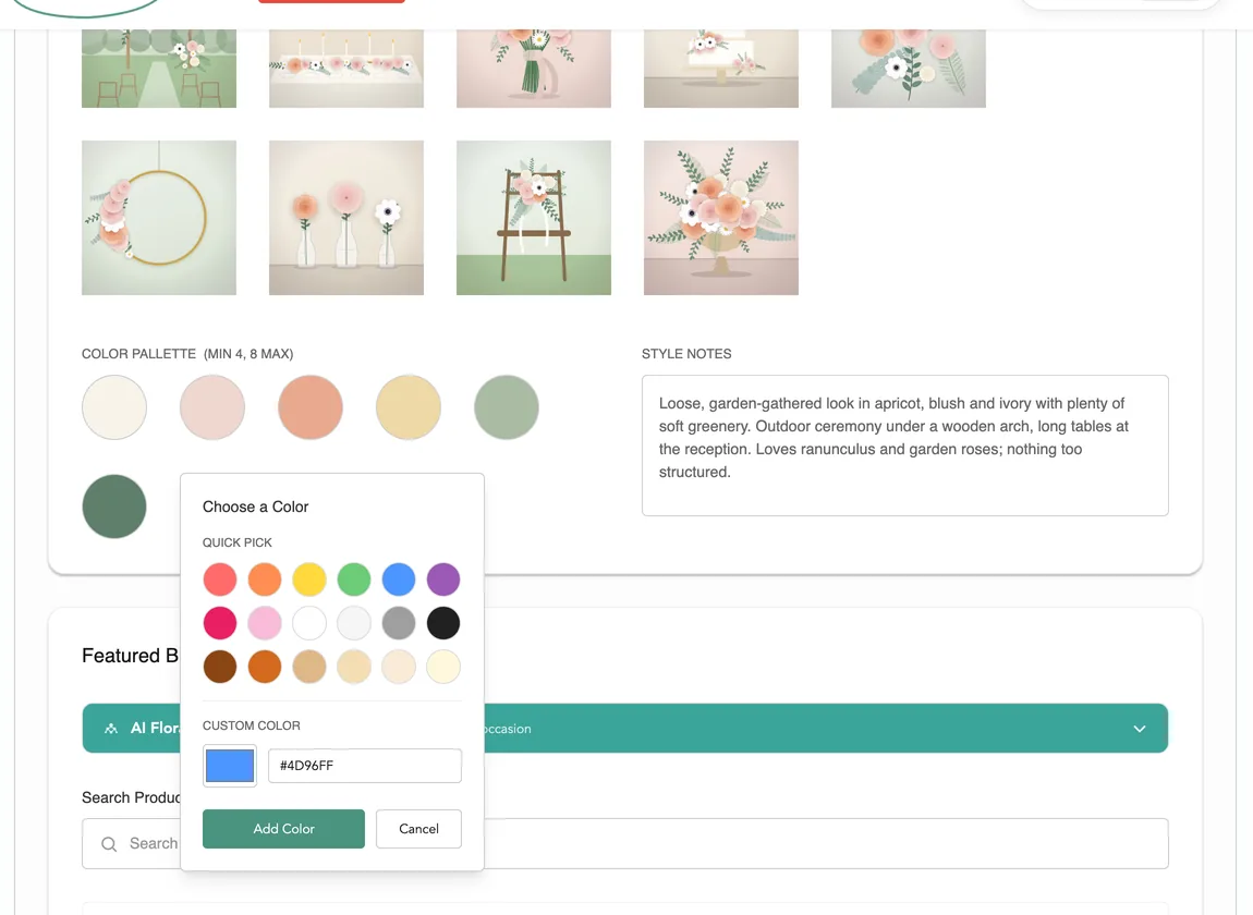 A colour picker with quick-pick swatches open over the palette