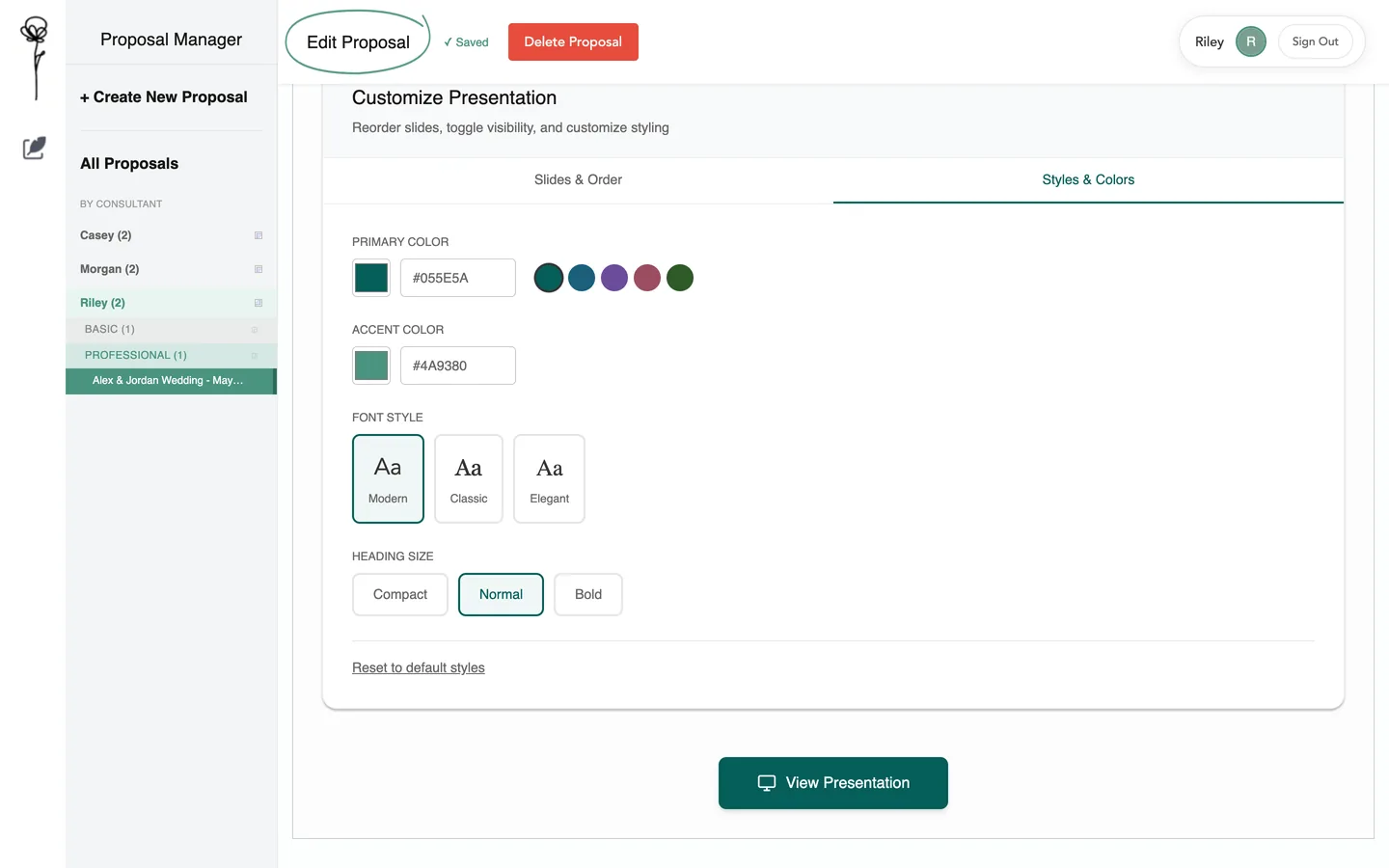Colour, font style and heading size choices for the presentation