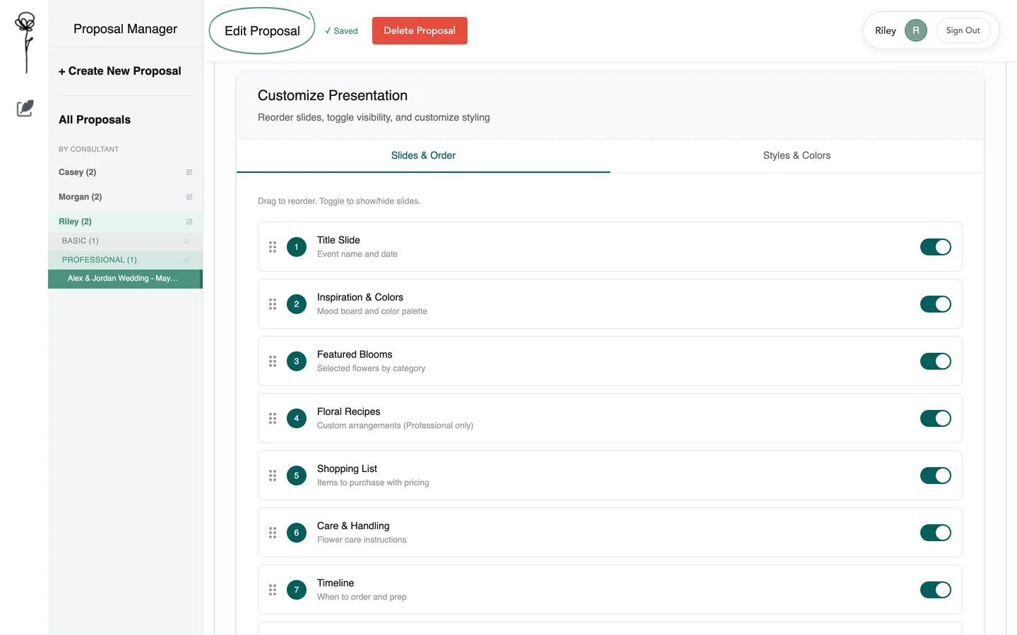 A list of presentation pages with switches and drag handles