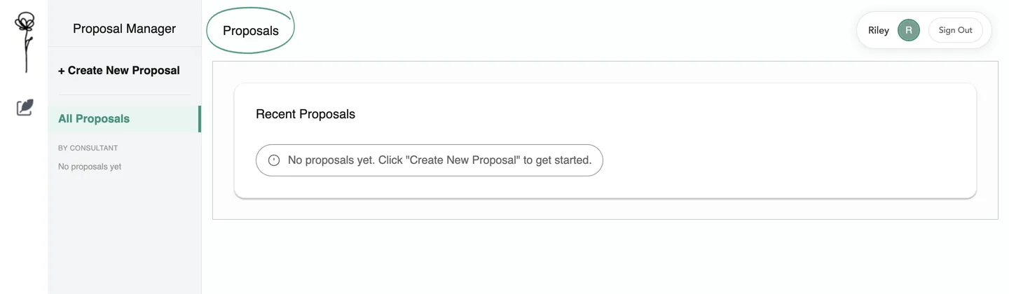Empty dashboard saying no proposals yet