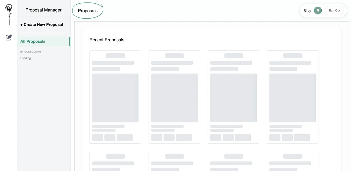 Dashboard showing grey placeholder cards while loading
