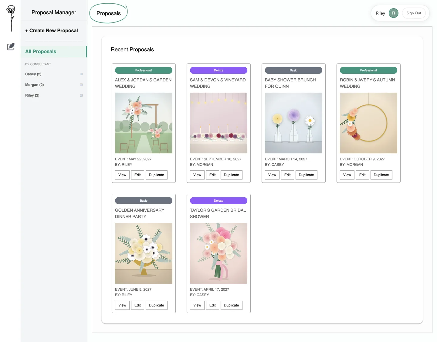 Proposal Manager dashboard with six proposal cards and a sidebar listing consultants