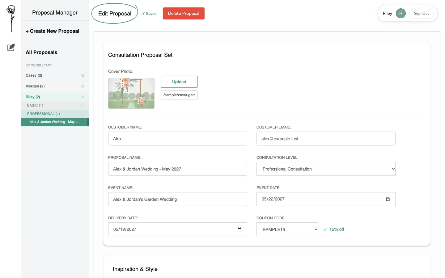 The top of the proposal editor with customer and event fields filled in