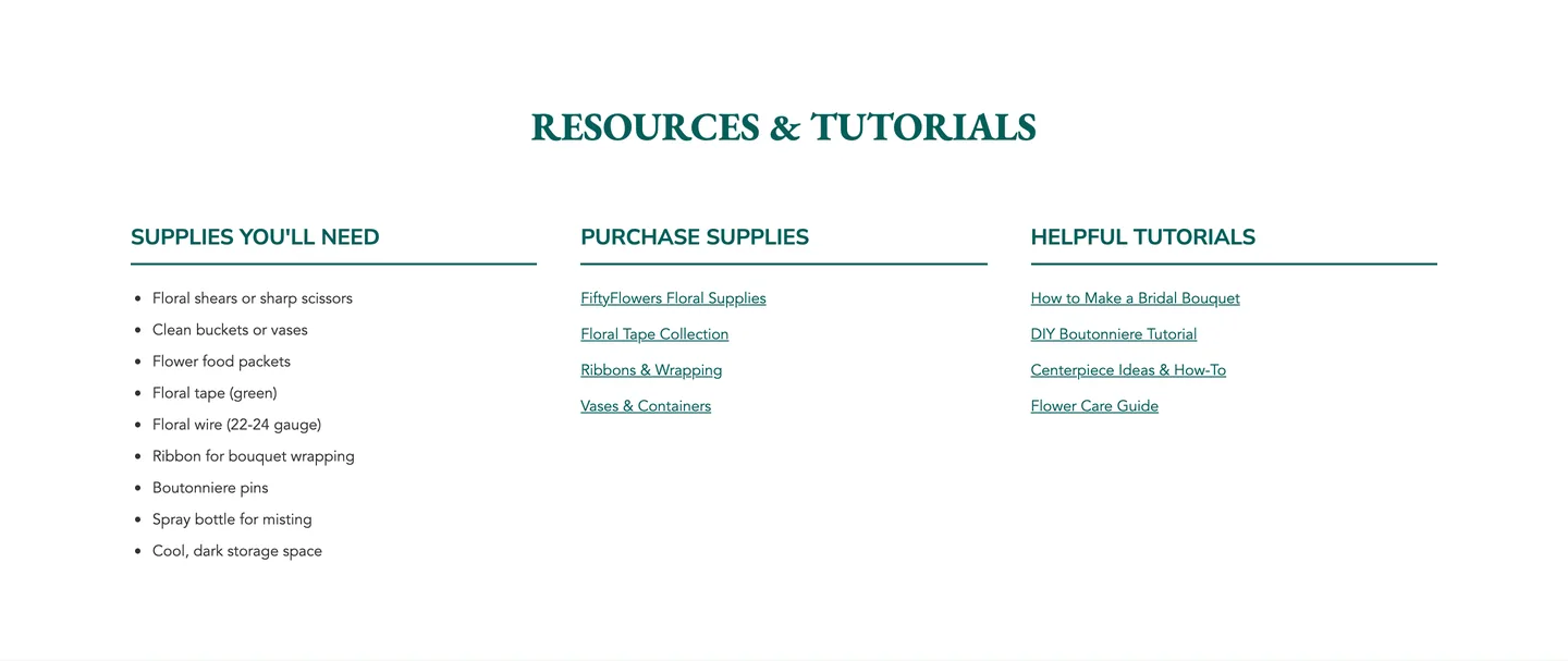 Resources and tutorials page with three lists