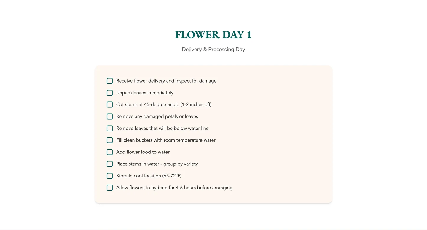 A checklist titled Flower Day 1