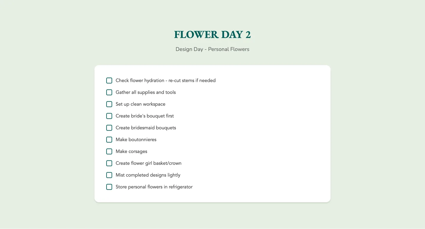A checklist titled Flower Day 2