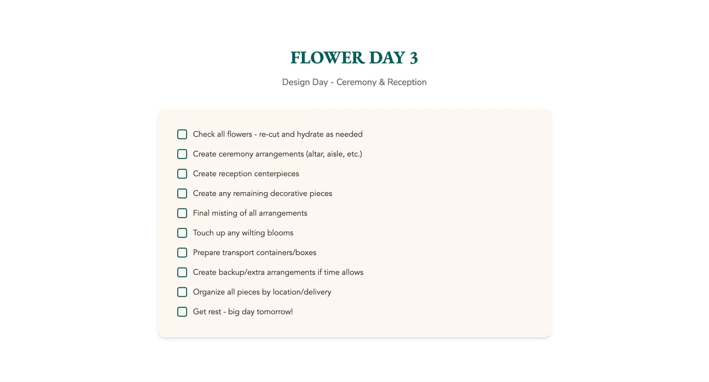 A checklist titled Flower Day 3