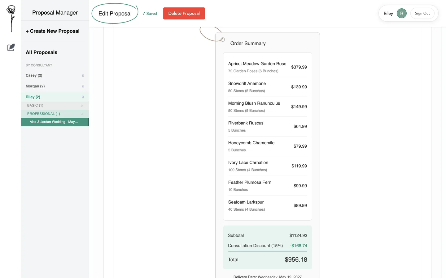 An order summary drawn as a price tag with eight lines and a total