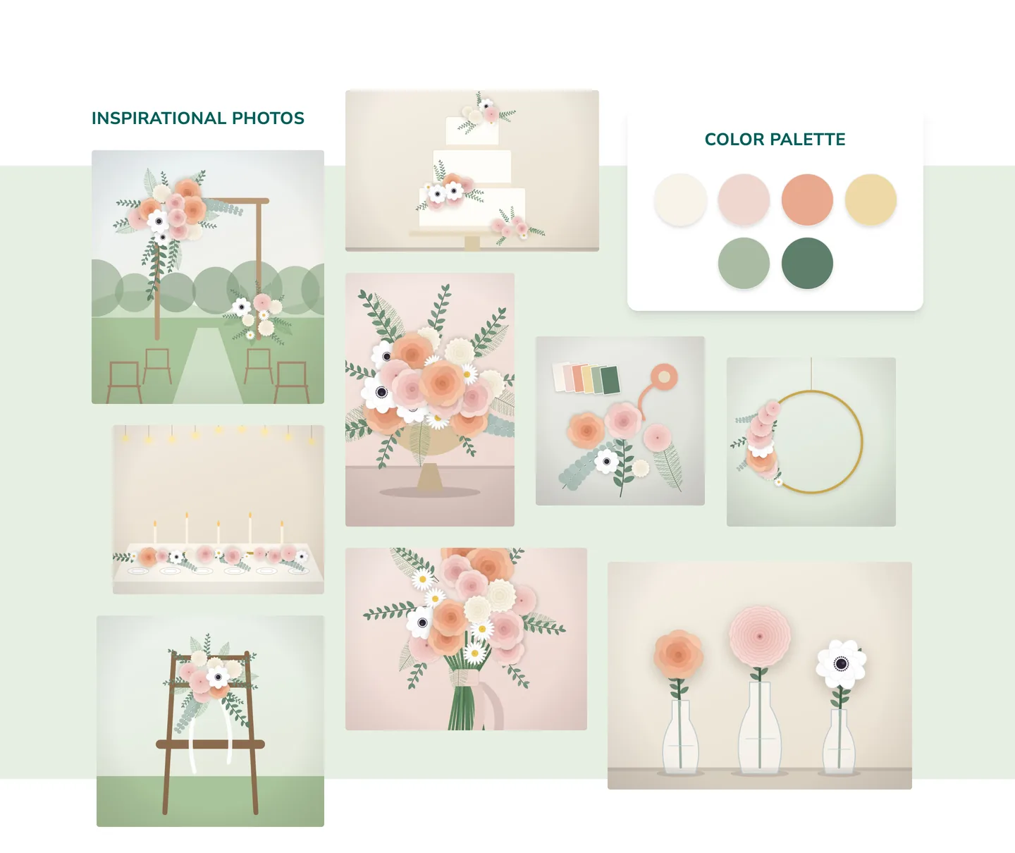 A collage of inspiration pictures with a colour palette card