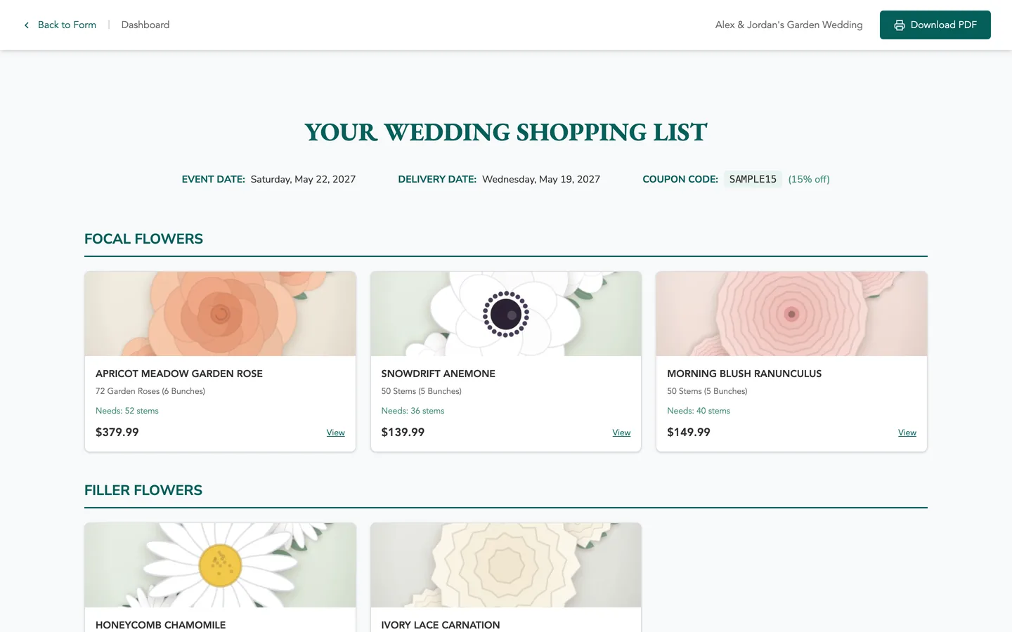 The presentation shopping list with flowers grouped by type