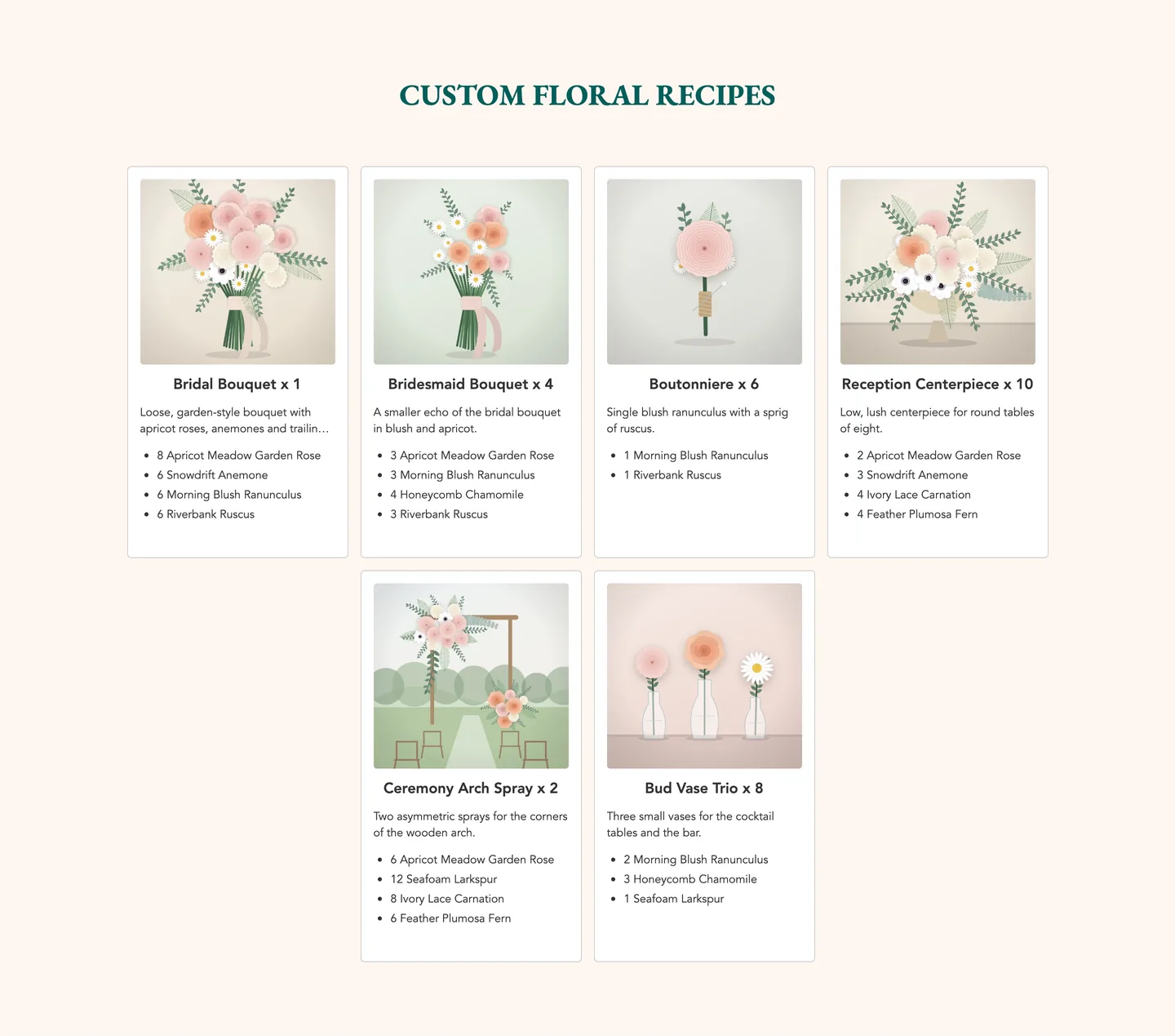 Six recipe cards in the presentation