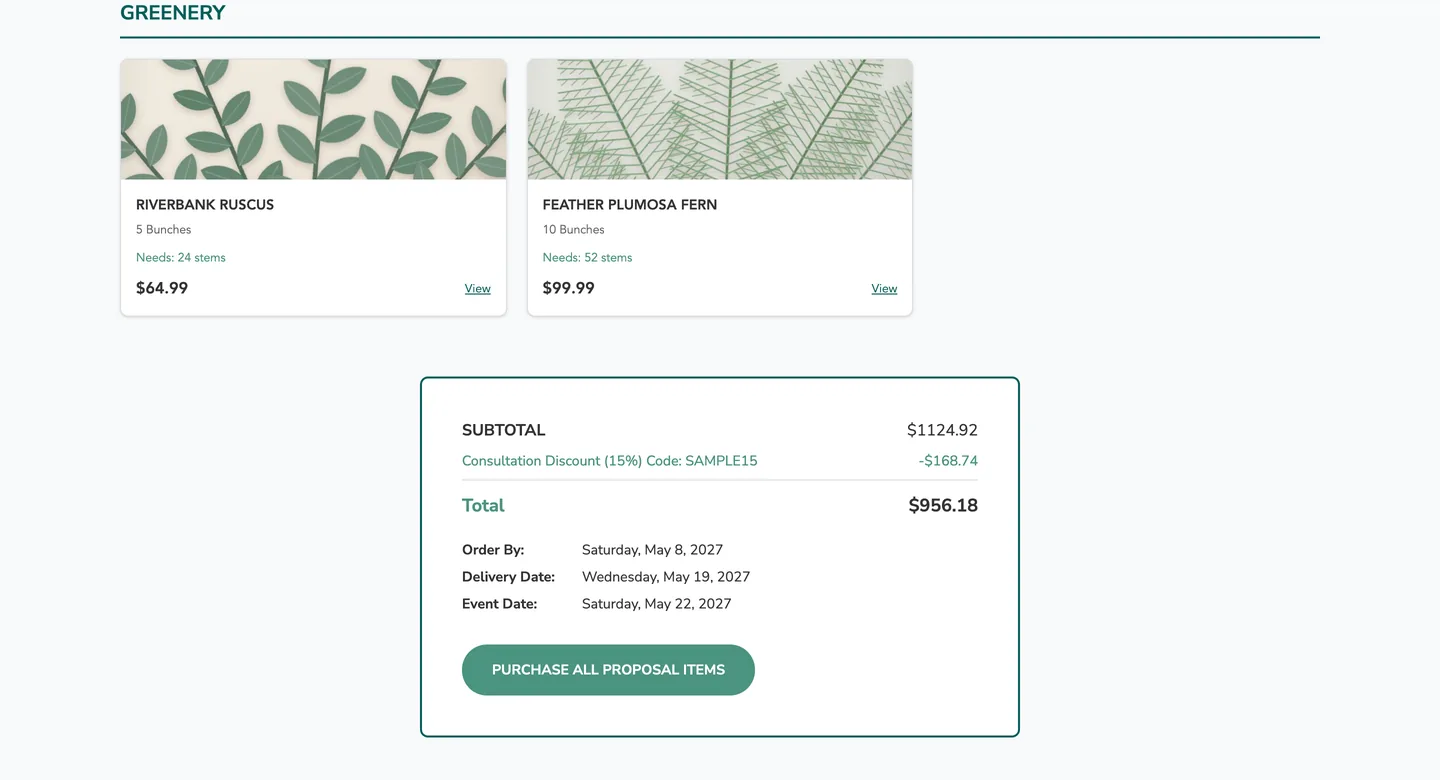 A summary box with subtotal, discount, total, dates and a purchase button