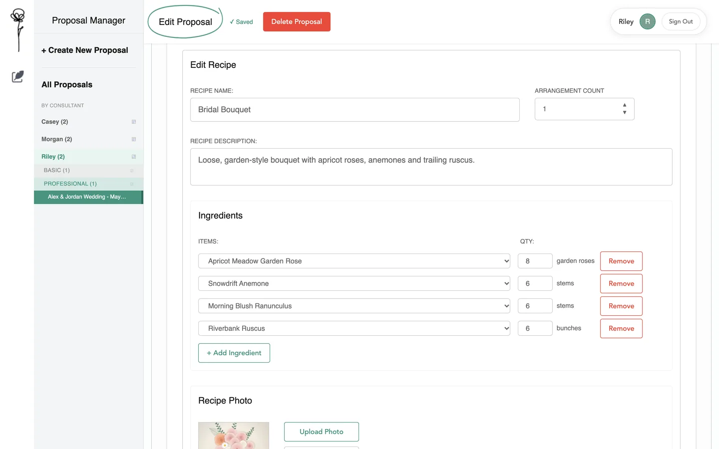 A recipe form with four ingredient rows