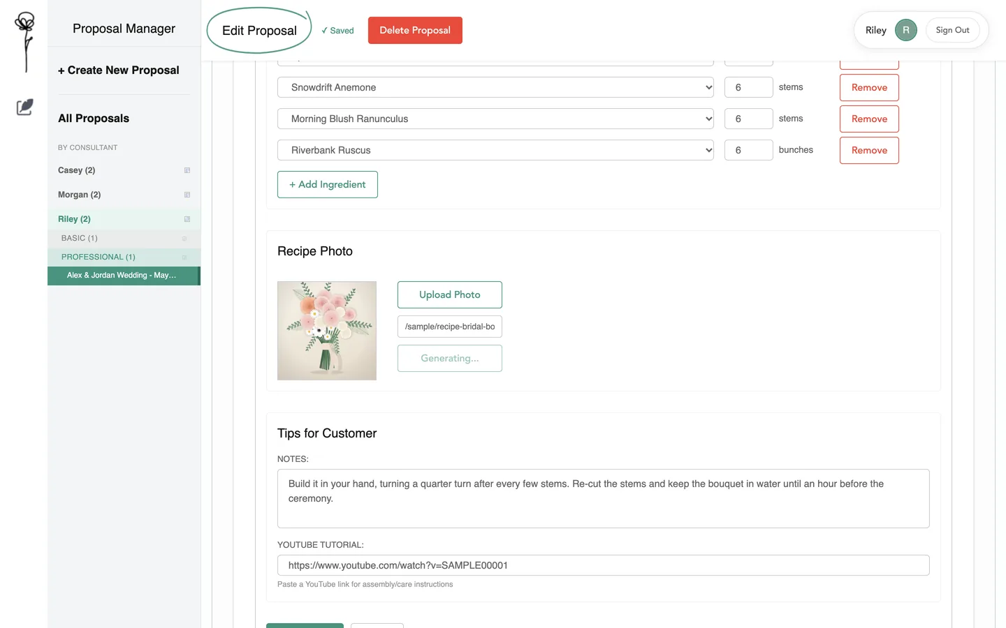 The recipe photo block with a Generating button and a tips box