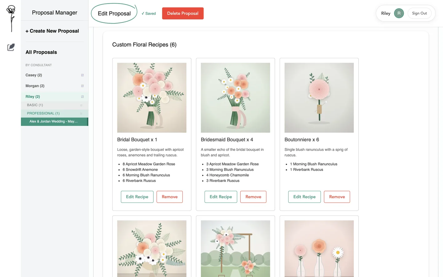 Recipe cards for a bridal bouquet, bridesmaid bouquets and boutonnieres