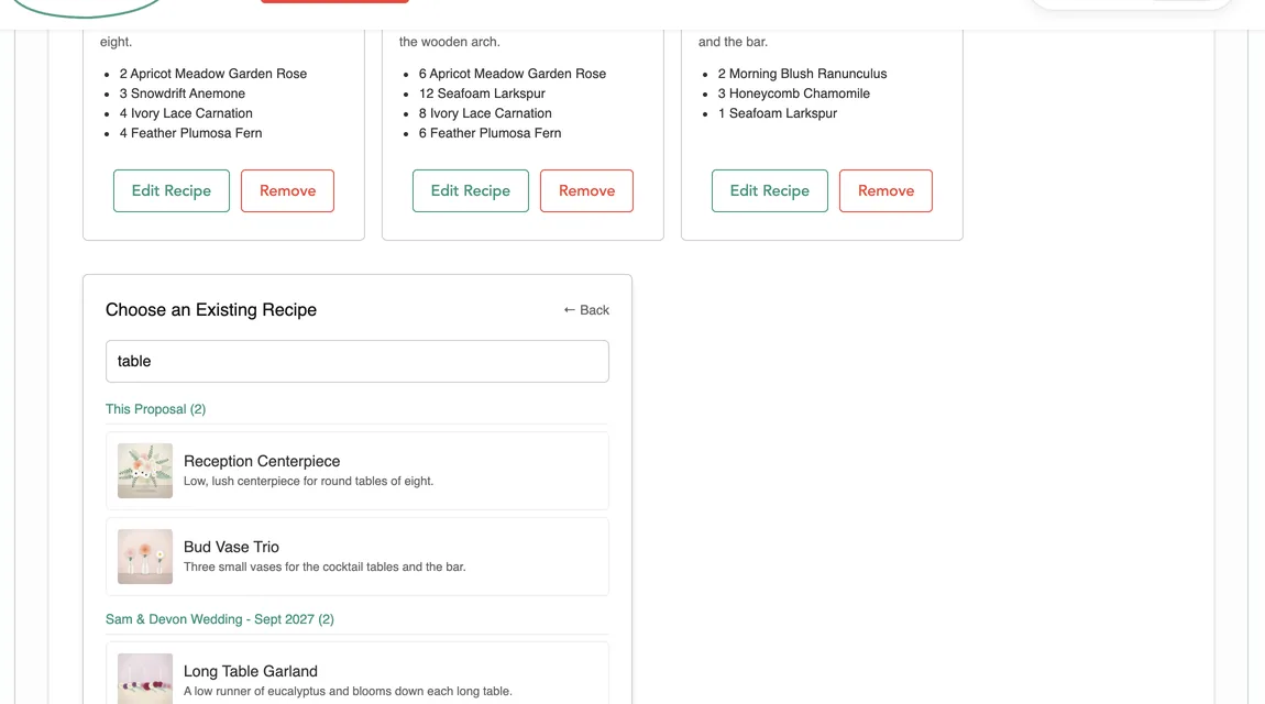 A list of existing recipes filtered by the word table