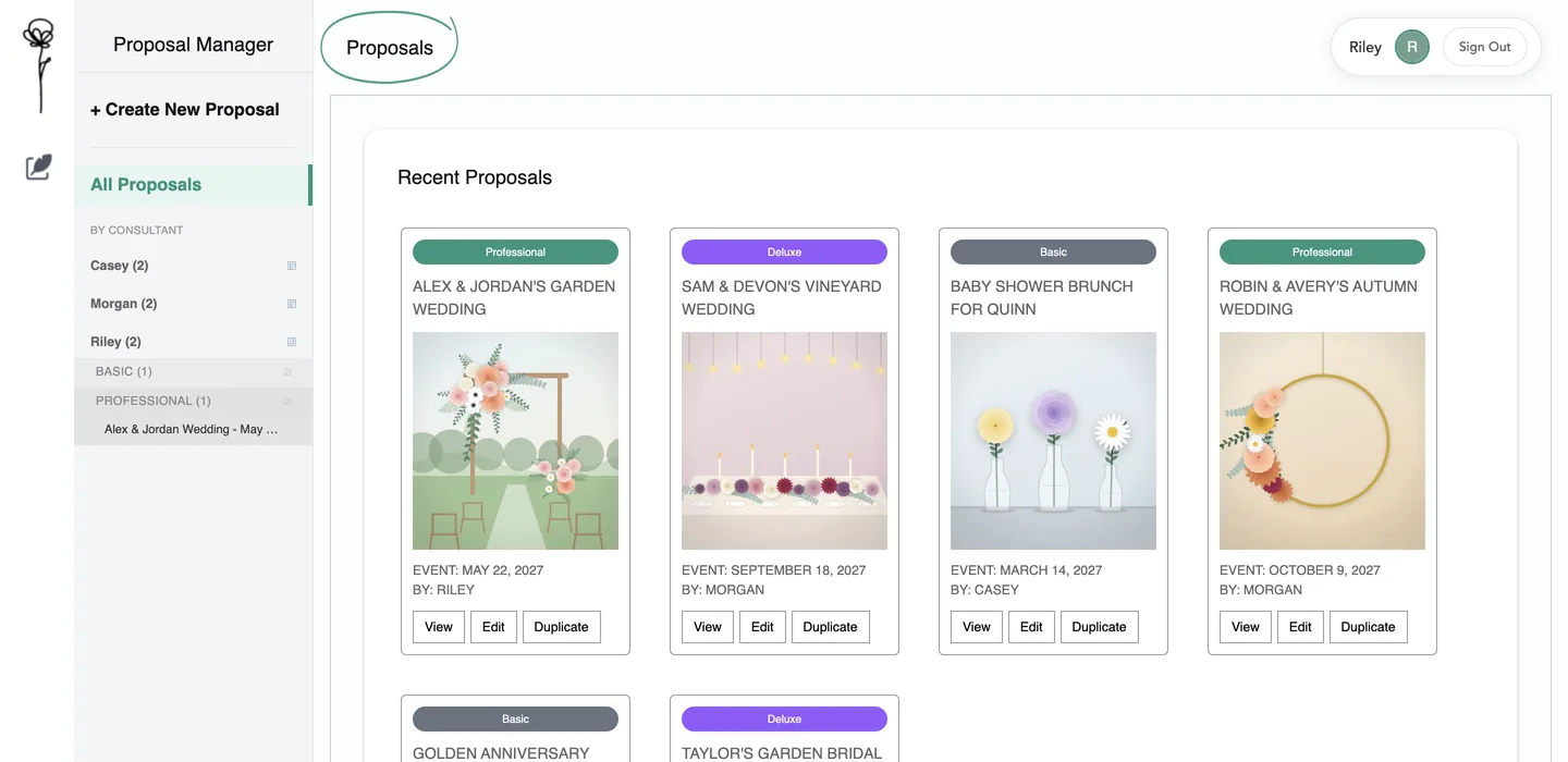 The dashboard with the sidebar tree opened to one consultant’s proposals