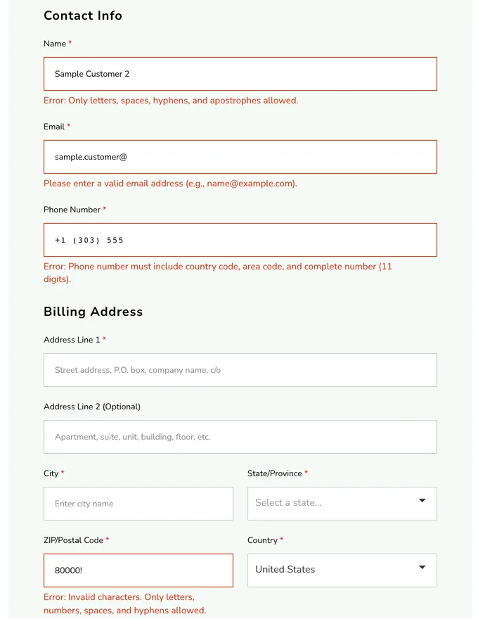 The contact section of the form with four boxes outlined in red and a message under each