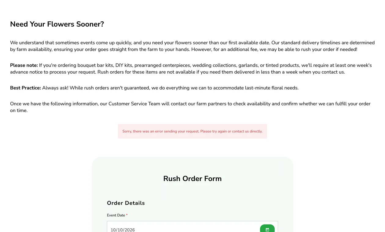 The rush-order page with a red notice above the filled form