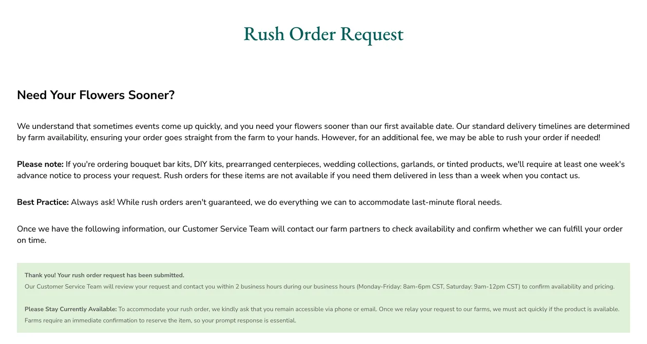 The rush-order page showing a green thank-you notice in place of the form