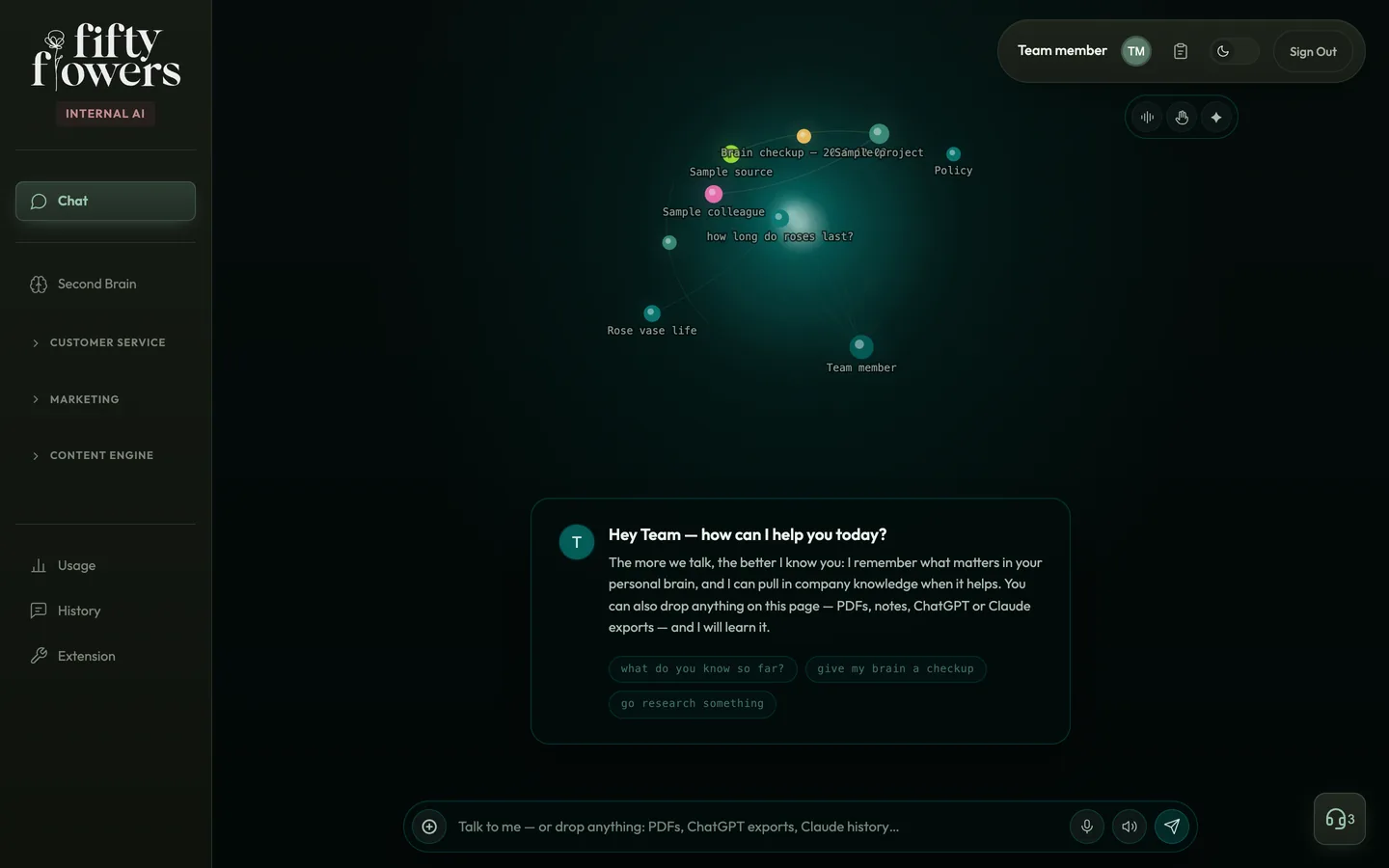 A chat page with a glowing orb, a small constellation and a welcome card