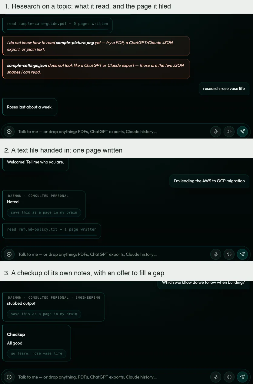 Three chat threads showing research, a file being read and a checkup card
