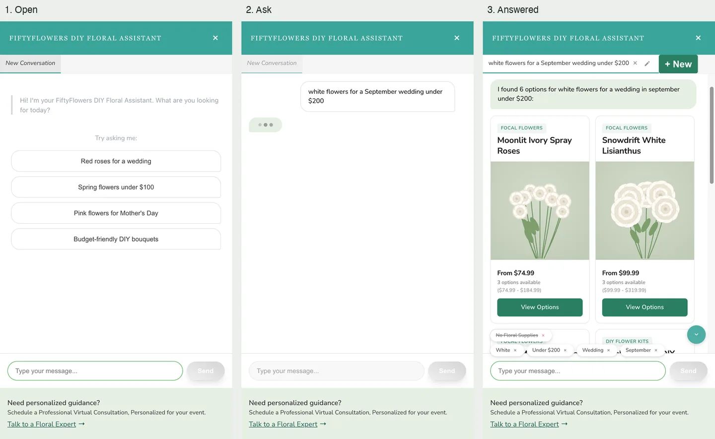 Three views of the assistant panel: the welcome view, waiting dots after a request, and an answer with product cards and filter chips