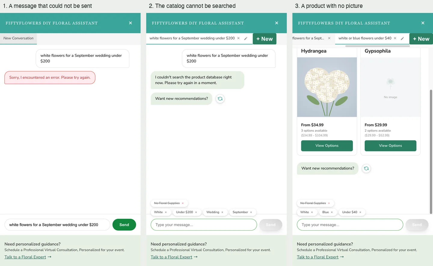 Three views: an error bubble with the message restored, an apology when the catalog cannot be searched, and a card with a placeholder drawing