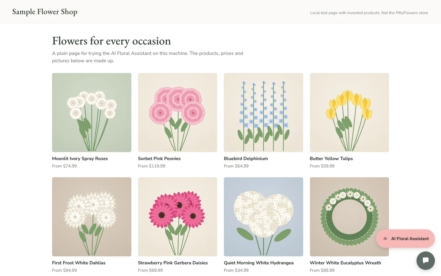 A test page of flower products with a pink AI Floral Assistant button at the bottom right