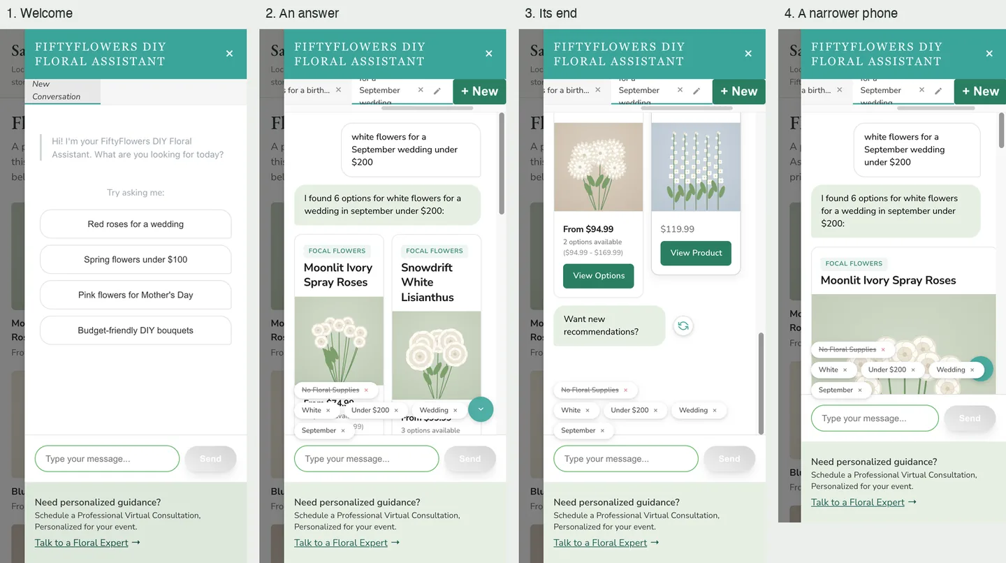 Four phone-width views of the assistant panel