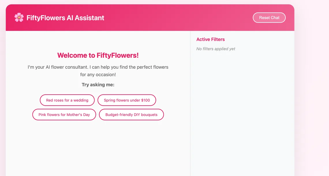 A pink chat page with suggested questions and an empty Active Filters panel