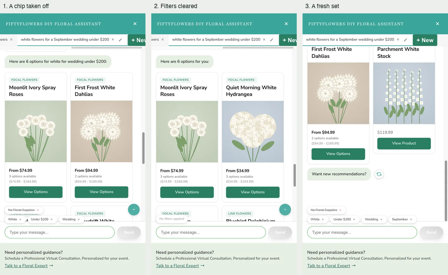 Three views: results after one chip is removed, results with no filters, and the row that offers new recommendations