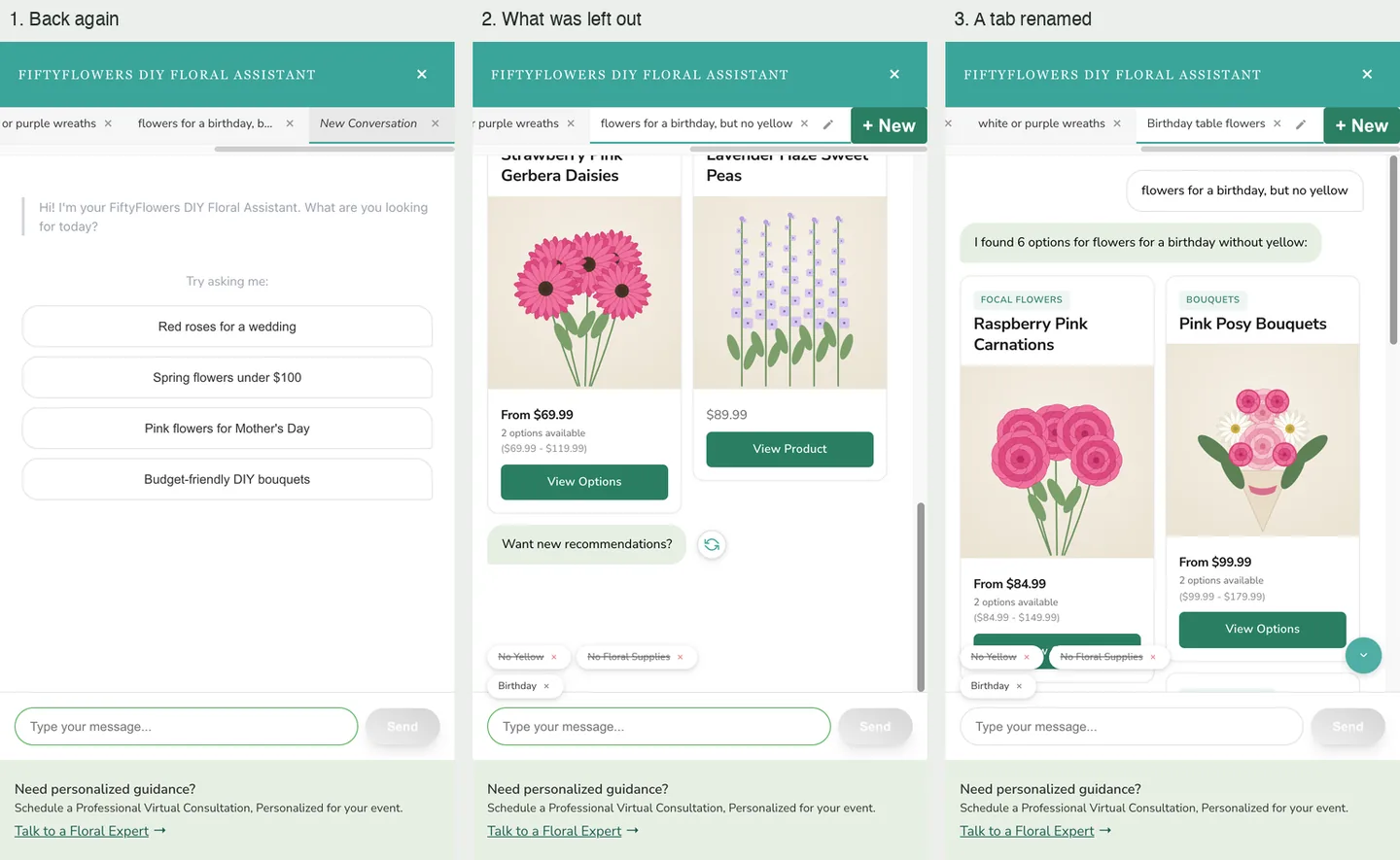 Three views: saved conversation tabs, a conversation with exclusion chips, and a renamed tab
