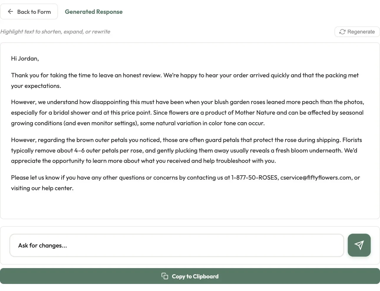 A drafted public reply to a product review