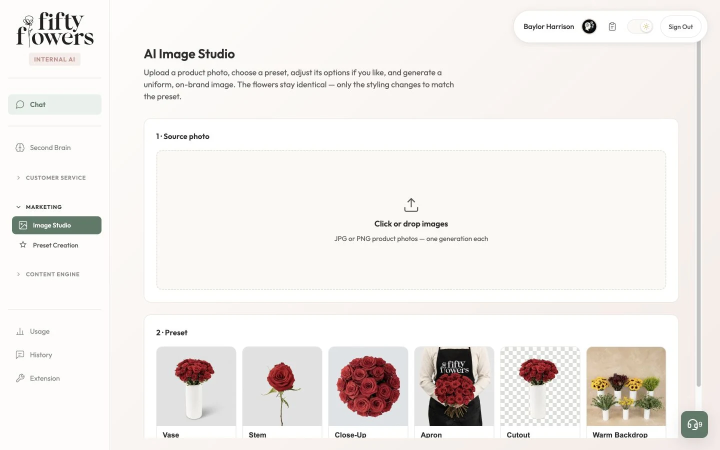 FiftyFlowers Image Studio with an empty photo workspace