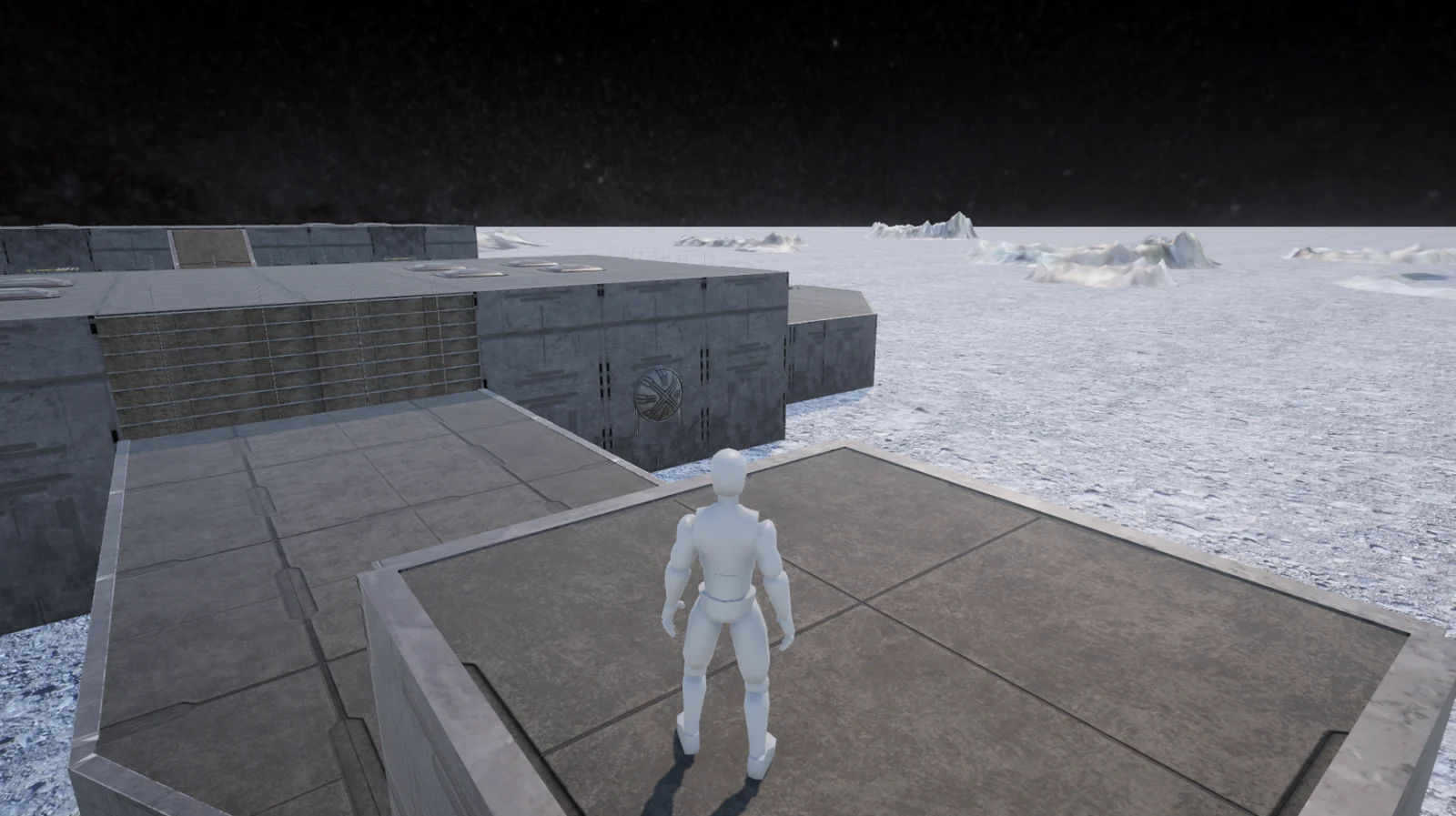 Third-person character overlooking modular lunar buildings from a raised platform.