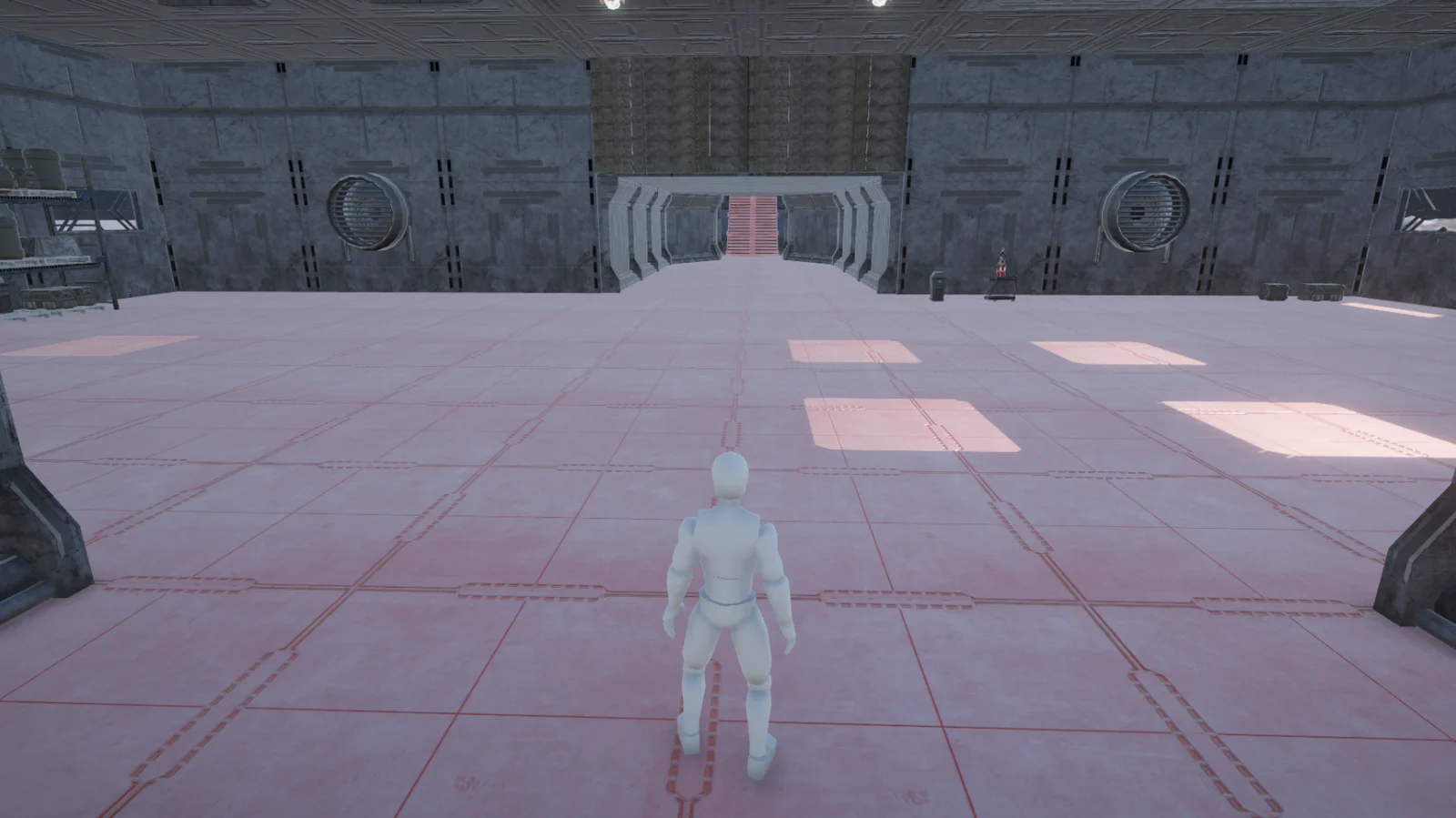 Third-person character inside the lunar base with a large interior floor and doorways.