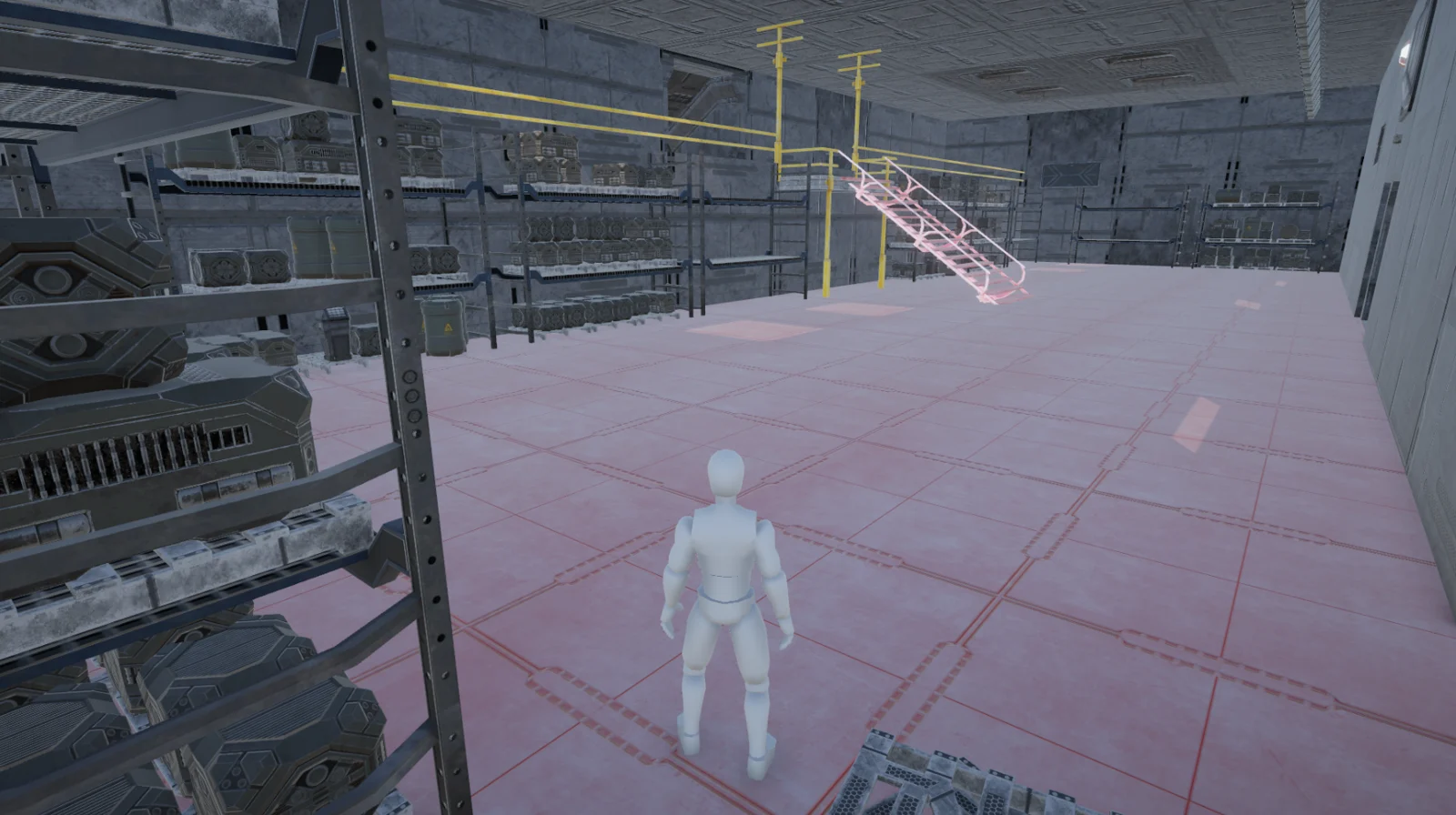 Lunar base interior with storage racks, stairs and overhead piping.