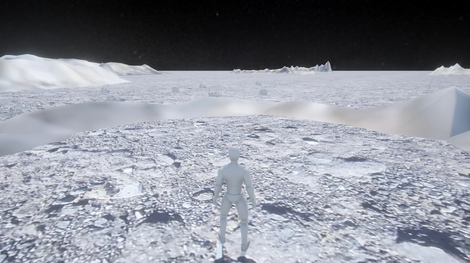 Third-person character standing on uneven lunar terrain beneath a starry sky.