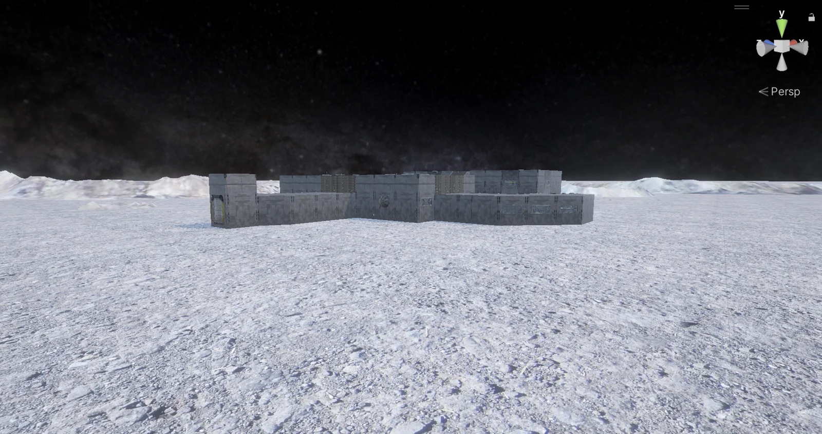 Wide Unity scene view of the lunar base within the surrounding terrain.