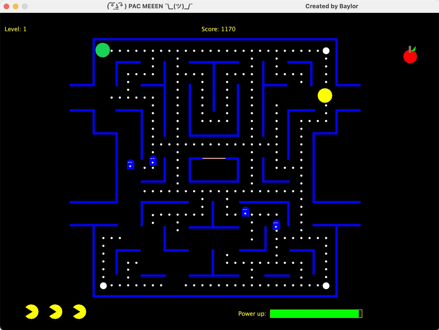 Java Pacman gameplay with the maze, ghosts, score and active power-up bar.