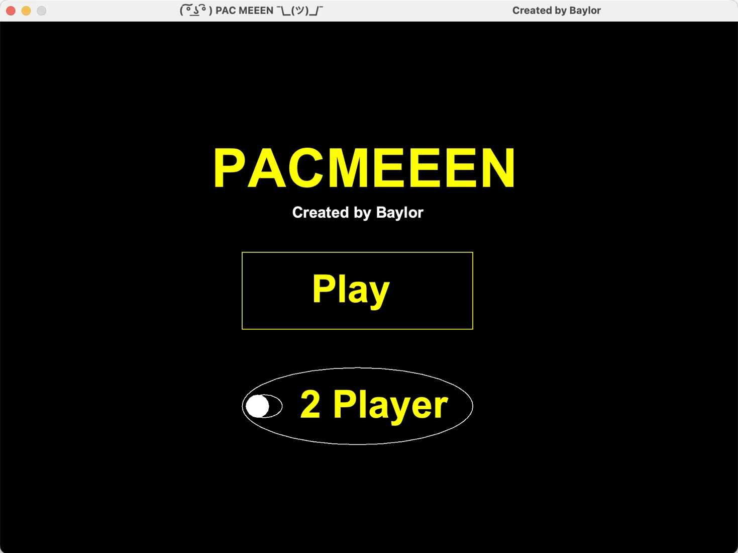 Pacman start menu with a Play button and two-player option.