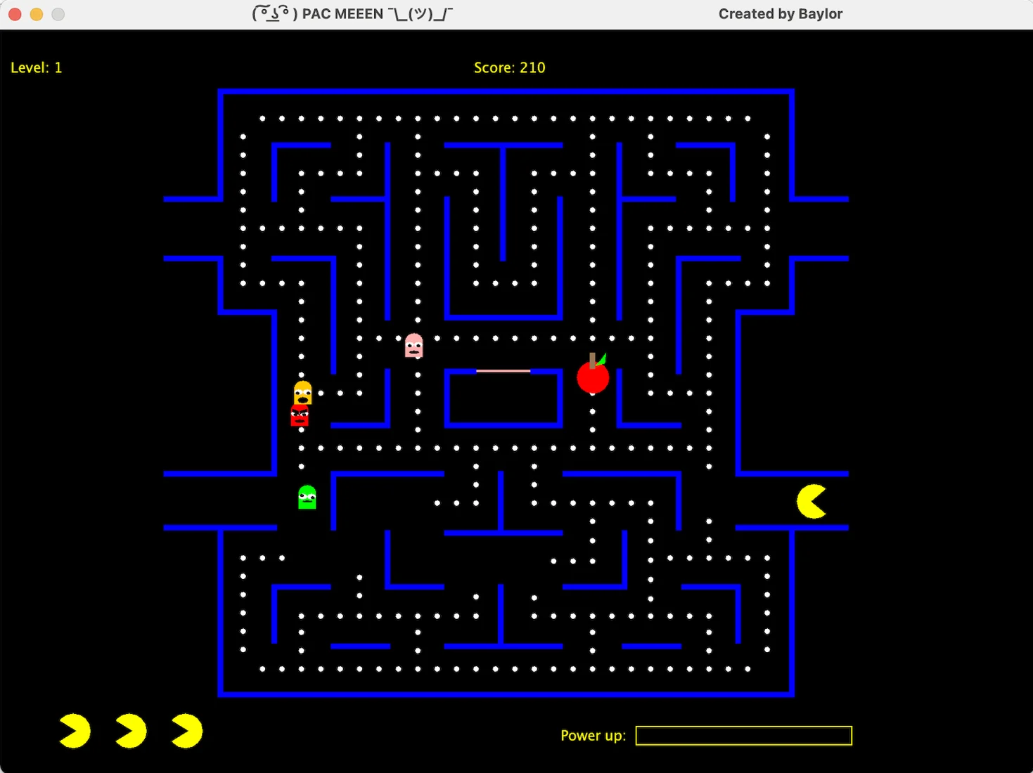 Another Java Pacman gameplay state with remaining lives and an inactive power-up bar.